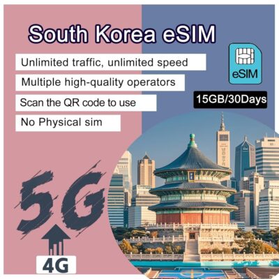 Prepaid eSIM for Korea Travel 15GB30Days Scan and Play High-Speed 5G Network Share Data,Quality Local Operators,No Roaming Charges