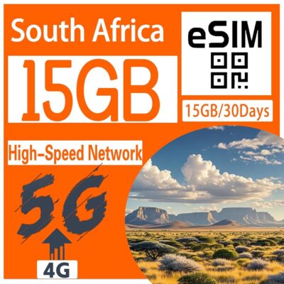 Prepaid eSIM for South Africa Travel 30 Days Scan and Play High-Speed 5G Network Share Data,Quality Local Operators,No Roaming Charges (15GB/30Days)