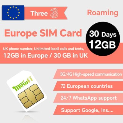 Prepaid Europe Sim Card 30 Days, EU 12GB / UK 30GB, Activation Required, Unlimited Local Calls and SMS, UK Three SIM Card Applicable to 72 Countries