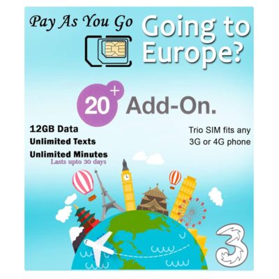 PrePaid Europe (UK Three) sim Card 2GB/5GB/12GB Data+Unlimited Minutes+Unlimited Texts for 30 Days with Free Roaming/USE in 71 Destinations Including Europe,South America and…