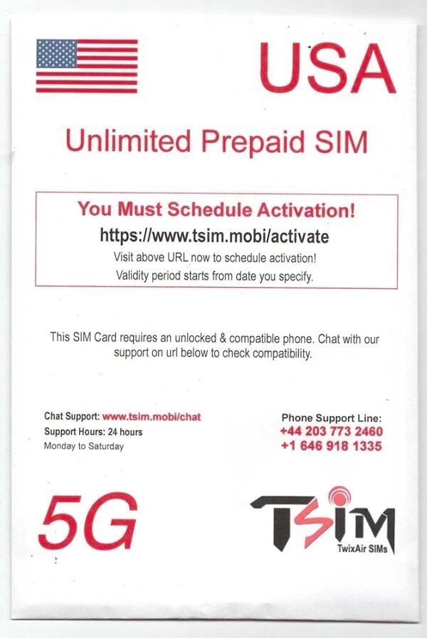 PrePaid USA SIM Card. Unlimited Incoming and Outgoing Calls/Text | Ultra High Speed 5G Data Allowance. Hotspot/Tethering/Internet Sharing Allowed. (Unlimited x 1 Month)