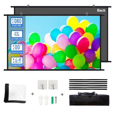 Projection Screen Black Backing 16: 9 Hanging Projector Screen 100″ Indoor Movie Screen with 4K Full HD Outdoor Projector Screen Wall mounting Pull Down Screen for Office…