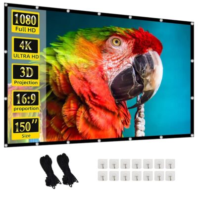 Projector Screen, 150inch Indoor Outdoor Movie Projection Screen 4K HD 16: 9 Design for Backyard Movie Night(Easy to Clean, 1.1Gain, 160° Viewing Angle)