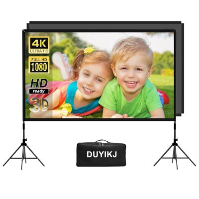 Projector Screen and Stand 100 inch,DUYIKJ Portable Black Backing Projector Screen Indoor Outdoor 16:9 4K HD Wrinkle-Free and Four-Legged Frame Movie Screen with Carry Bag for…