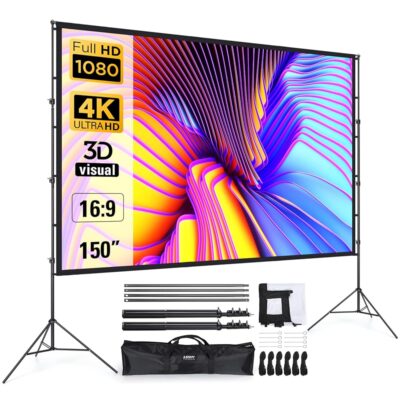 Projector Screen and Stand 150 Inch, LEORFI Outdoor Portable Projector Movie Screen Pull Down, Indoor Projections Screen with Stand 16:9 4K Full HD Support Height Adjustable for…