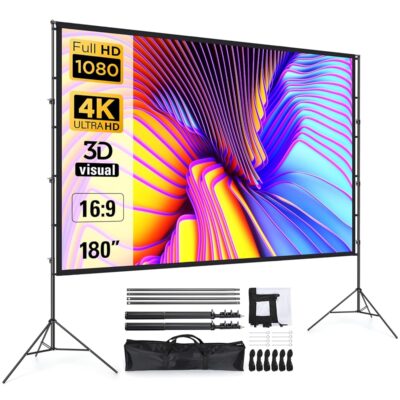 Projector Screen and Stand 180 Inch, LEORFI Outdoor Portable Projector Movie Screen Pull Down, Indoor Projections Screen with Stand 16:9 4K Full HD Support Height Adjustable for…