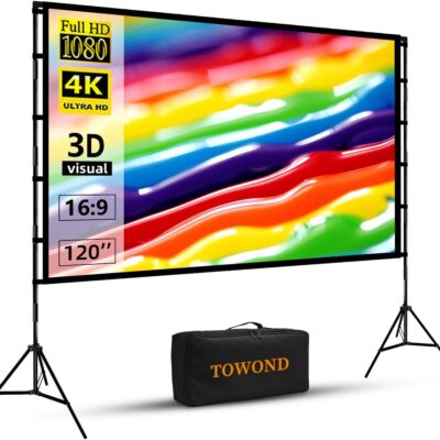 Projector Screen and Stand, Towond 120 inch Portable Projector Screen Indoor Outdoor Projector Screen 16:9 4K HD Wrinkle-Free Lightweight Movie Screen with Carry Bag for…