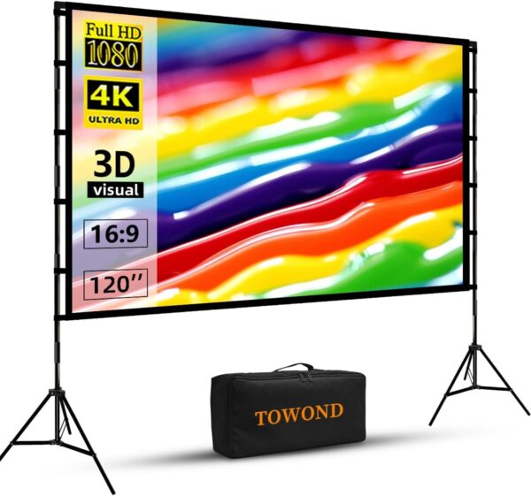 Projector Screen and Stand, Towond 120 inch Portable Projector Screen Indoor Outdoor Projector Screen 16:9 4K HD Wrinkle-Free Lightweight Movie Screen with Carry Bag for...