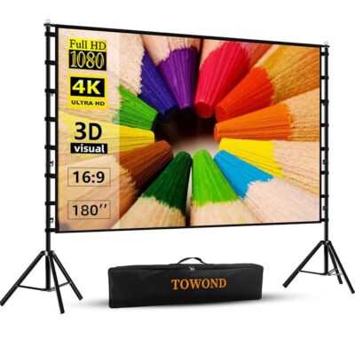 Projector Screen and Stand,TOWOND 180 inch Outdoor Projection Screen, Portable 16:9 4K HD Rear Front Movie Screen with Carry Bag Wrinkle-Free Design for Theater Backyard Cinema