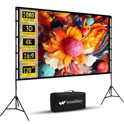 Projector Screen and Stand, Wootfairy 120 inch Foldable and Portable Projection Screen 16:9 4K HD Rear Front Wrinkle-Free Movie Screen with Carry Bag for Indoor Outdoor Home…