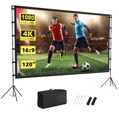 Projector Screen Outdoor, Vamvo Projector Screen with Stand Portable 120″ Foldable Projector Screen, 10 Feet Indoor Movie Screen with Carrying Bag for Home Theater Backyard…