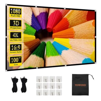 Projector Screen TOWOND 100 inch Projection Screen Indoor Outdoor Washable Anti-Crease 16:9 HD Rear Front Movies Screen for Home Theater Office