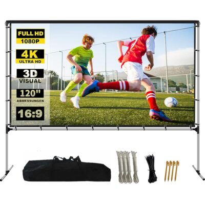 Projector Screen with Stand Foldable Portable Movie Screen 120 Inch（16：9）, HD 4K Double Sided Projection Movies Screen with Carry Bag for Indoor Outdoor Home Theater Backyard…