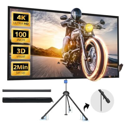 Projector Screen with Stand, PARIS RHÔNE 100-inch Outdoor Indoor Projector Screen 16:9 4K HD PVC, 1.5 Gain Portable Wrinkle-Free Movie Screen for Home Backyard Theater with…