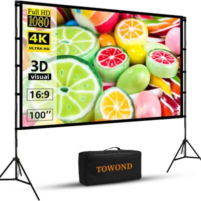 Projector Screen with Stand, Towond 100 inch Outdoor Projector Screen Portable Indoor Projection Screen 16:9 4K Rear Front Movie Screen with Carry Bag for Home Backyard Theater