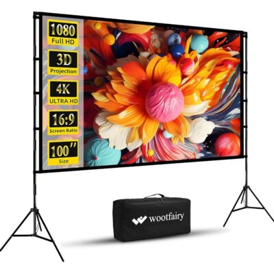 Projector Screen with Stand, Wootfairy 100 inch Foldable and Portable Projection Screen 16:9 4K HD Rear Front Wrinkle-Free Movie Screen with Carry Bag for Indoor Outdoor Home…