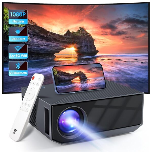 Projector with WiFi and Bluetooth, 16000Lumens Portable Mini Projector,Native Full HD 1080P Outdoor Movie Projector,Smart Projector Compatible with Android/iOS/Windows/TV...