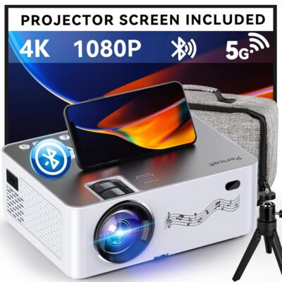 Projector with WiFi and Bluetooth, 5G WiFi Native 1080P/16000L Video Projector with Screen, 4K Support Outdoor Projector, 350” Display Phone Projector with Carry Bag &Tripod…