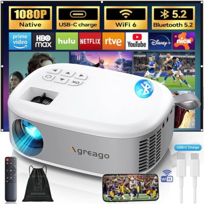 Projector with WiFi and Bluetooth, Agreago Mini Outdoor Portable Projector with USB-C Cable, Focus & ±15% Keystone, Native 1080P Projector 2 Speakers Compatible with TV…