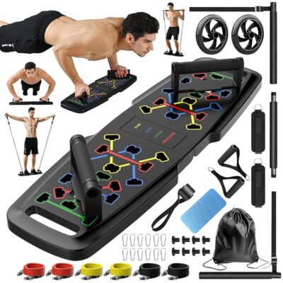 Push Up Board,Home Gym,Portable Exercise Equipment,Pilates Bar & 20 Fitness Accessories with Resistance Bands & Ab Roller Wheel,Full Body Workout at Home.