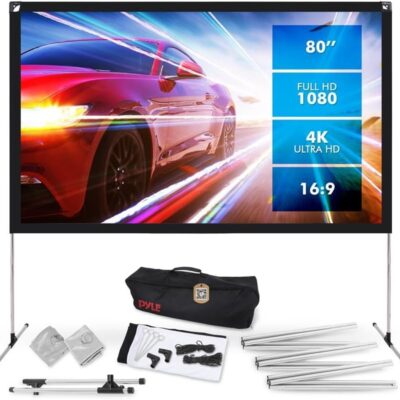 Pyle Projector Screen with Stand – 80″ 16:9 HD 4K Portable Lightweight Freestanding Foldable Indoor Outdoor Movie Projection Display with Frame for Home Theater