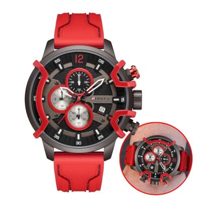 Quartz Watches for Men Red Chronograph Unique Dress Watch Fashion Mens Waterproof Calendar Silicone Strap Man Analog Wristwatch