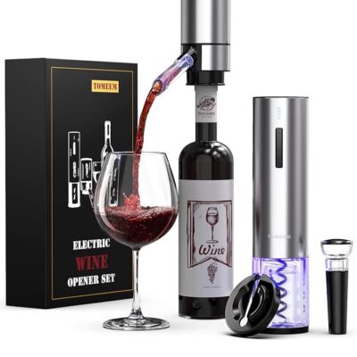 Rechargeable Electric Wine Gift Set – Aerator, Vacuum Stoppers, Foil Cutter and Bottle Opener for Home Bar and Outdoor Parties