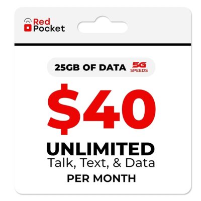 RedPocket Mobile $40/Month Phone Plan, Free SIM Card for T-Mobile-Compatible Phone, Unlimited Data Talk & Text, 25GB High-Speed 5G & 4G Data