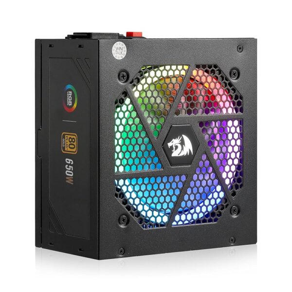 Redragon RGPS-650W 80+ Gold 650 Watt ATX Fully Modular Power Supply w/ 80 Plus Gold Certified, Compact 160mm Size & RGB Low Noise Smart-ECO 0 RPM Fan, 100% Japanese Capacitors,...