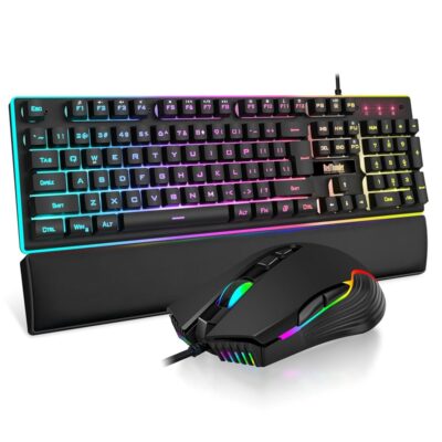 RedThunder K10 Wired Gaming Keyboard and Mouse and Wrist Rest Combo, RGB Backlit, Mechanical Feel Anti-ghosting Keyboard + 7D 7200 DPI Mice+Soft Leather Wrist Rest 3 in 1 PC…