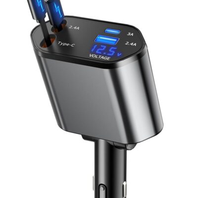 Retractable Car Charger, 4 in 1 Fast Charging Car Charger USB-C & USB-A Compatible with iPhone 16/15/14/13/12/11,Galaxy,Pixel