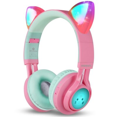 Riwbox CT-7 Cat Ear Bluetooth Headphones, LED Light Up Bluetooth Wireless Over Ear Headphones with Microphone and Volume Control for Travel/School/Smartphones/Laptop/PC/TV