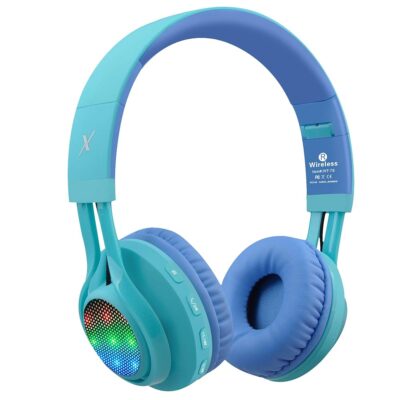 Riwbox WT-7S Kids Bluetooth Headphones, LED Light Up Wireless Foldable Stereo Headset with Microphone and Volume Control for PC/Tablet/TV/Travel (Blue)