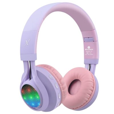 Riwbox WT-7S Kids Bluetooth Headphones Light Up, Foldable Stero Wireless Headset with Microphone and Volume Control for PC/Tablet/TV/Travel (Purple)