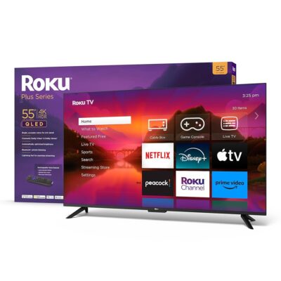 Roku Smart TV – 55-Inch Plus Series 4K QLED RokuTV Voice Remote Pro, Dolby Vision, Striking 4K Resolution, Automatic Brightness, & Seamless Streaming – Live Local News & Sports