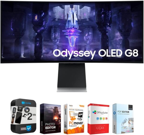 SAMSUNG 34" G85SB OLED Ultra WQHD 175Hz Curved Smart Gaming Monitor Bundle with Tech Smart USA Elite Suite 18 Standard Editing Software Bundle + 1 Year CPS Enhanced Protection Pack