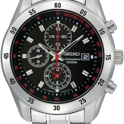 Seiko Men’s SNDC49 Chronograph Brushed and Polished Link Bracelet Black Dial Watch