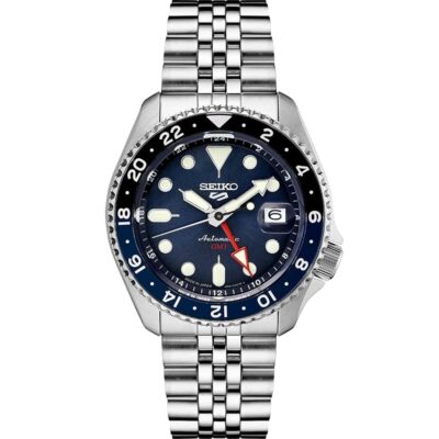 Seiko SSK003 Automatic Watch for Men – 5 -Sports – Blue Dial with Date Calendar and Luminous Hands & Markers and Black & Blue GMT Bezel, 100m Water-Resistant