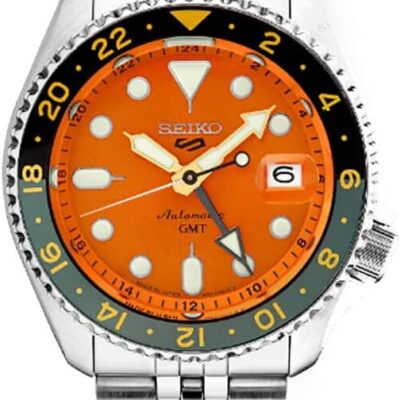 Seiko SSK005 Automatic Watch for Men – 5 -Sports – Orange Dial with Date Calendar and Luminous Hands & Markers and Gray GMT Bezel, 100m Water-Resistant