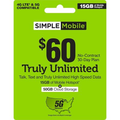 SIMPLE Mobile $60 Truly Unlimited Talk,Text,Data +ILD Plan [Physical Delivery]