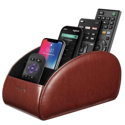 SITHON Remote Control Holder with 5 Compartments – [Upgrade Version] PU Leather Remote Caddy Desktop Organizer Store TV, DVD, Blu-Ray, Media Player, Smart Phones, Heater…