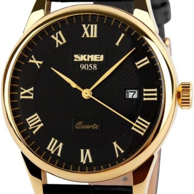 SKMEI Business Men’s Quartz Wristwatches Roman Numeral Leather Band Casual Water Resist Analog Watches