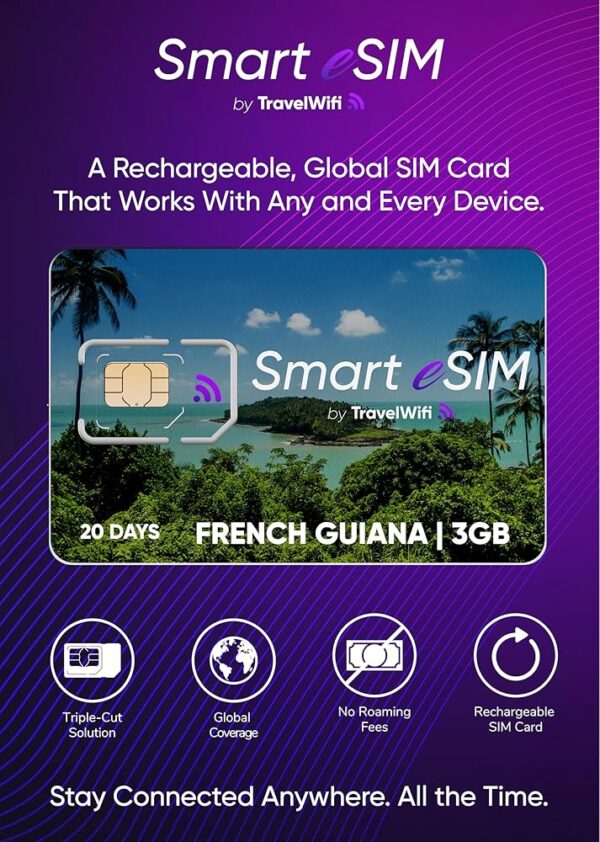 Smart eSIM French Guiana (3GB, 20 Days), Rechargeable International SIM Card, Triple-Cut Prepaid SIM Card (Standard, Nano, and Micro), Convenient Top-Up