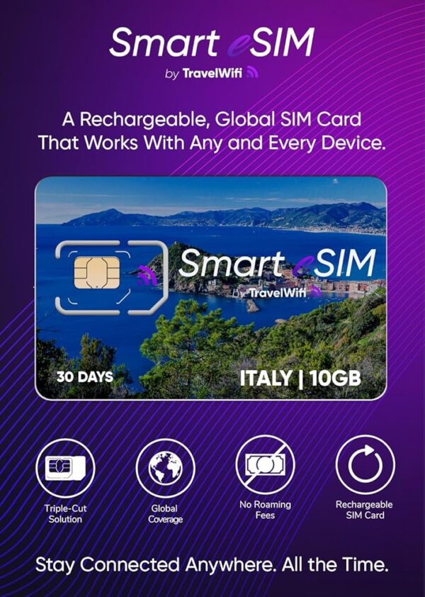 Smart eSIM Italy (10GB, 30 Days), Rechargeable International SIM Card, Triple-Cut Prepaid SIM Card (Standard, Nano, and Micro), Convenient Top-Up