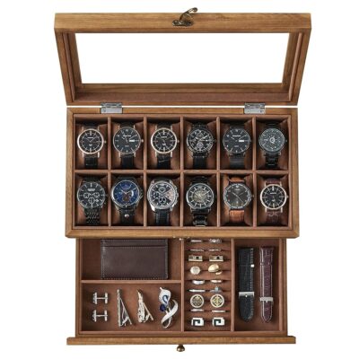 SONGMICS 12-Slot Watch Box, 2-Tier Watch Display Case with Large Glass Lid, Removable Watch Pillows, Velvet Lining, Jewelry Box, Gift Idea, Rustic Walnut UJOW012K01