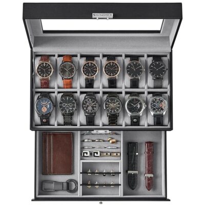 SONGMICS 12-Slot Watch Box, Lockable Watch Case with Glass Lid, 2 Layers, with 1 Drawer for Rings, Bracelets, Gift Idea, Black Synthetic Leather, Gray Lining UJWB012