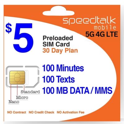 SpeedTalk Mobile $5 Prepaid Wireless Pay Go Plan for Smartphones & Cellphones | 5G 4G LTE | 100 Talk, 100 Text, 100 MB Data |Triple Cut (Mini,Micro,Nano) Sim Card | No Contract…