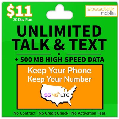 SpeedTalk Mobile Cellular Prepaid Plan for Smart Phones & Cellphones – Unlimited Talk & Text + 500 MB Data – 5G/4G/LTE Nationwide Coverage – 30 Day Service – Universal SIM Card…