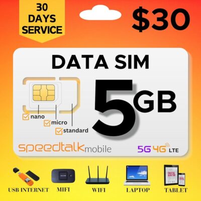 SpeedTalk Mobile Hotspot Internet 5GB Data SIM Card for 5G 4G LTE – WiFi – MiFi Modem Router USB Sticks Laptops Tablet | 30 Days 3 in 1 Simcard – Standard Micro Nano (5GB)