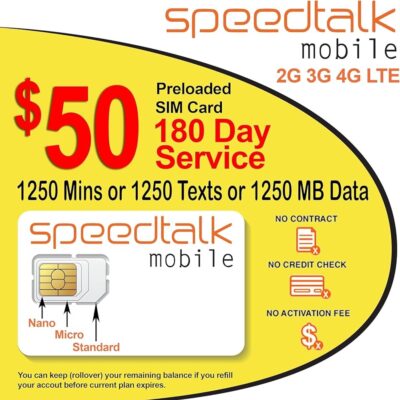 SpeedTalk Mobile Preloaded $50 Prepaid GSM SIM Card Rollover 1250 Text (SMS) or Data (MB) 180-Day Wireless Service